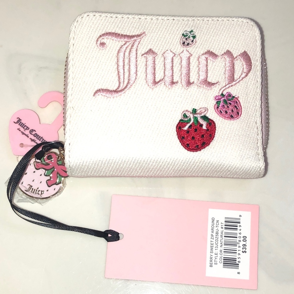Juicy Couture Natural #17 Berry Sweet Small ZA Bifold Wallet Embroidered NWT